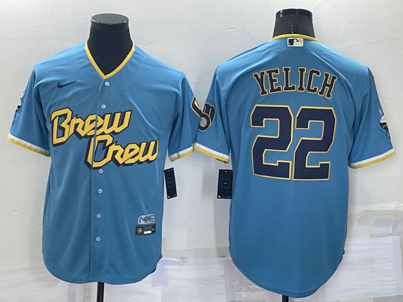 Cheap Men Milwaukee Brewers 22 Yelich Blue City Edition Game Nike 2022 MLB Jersey